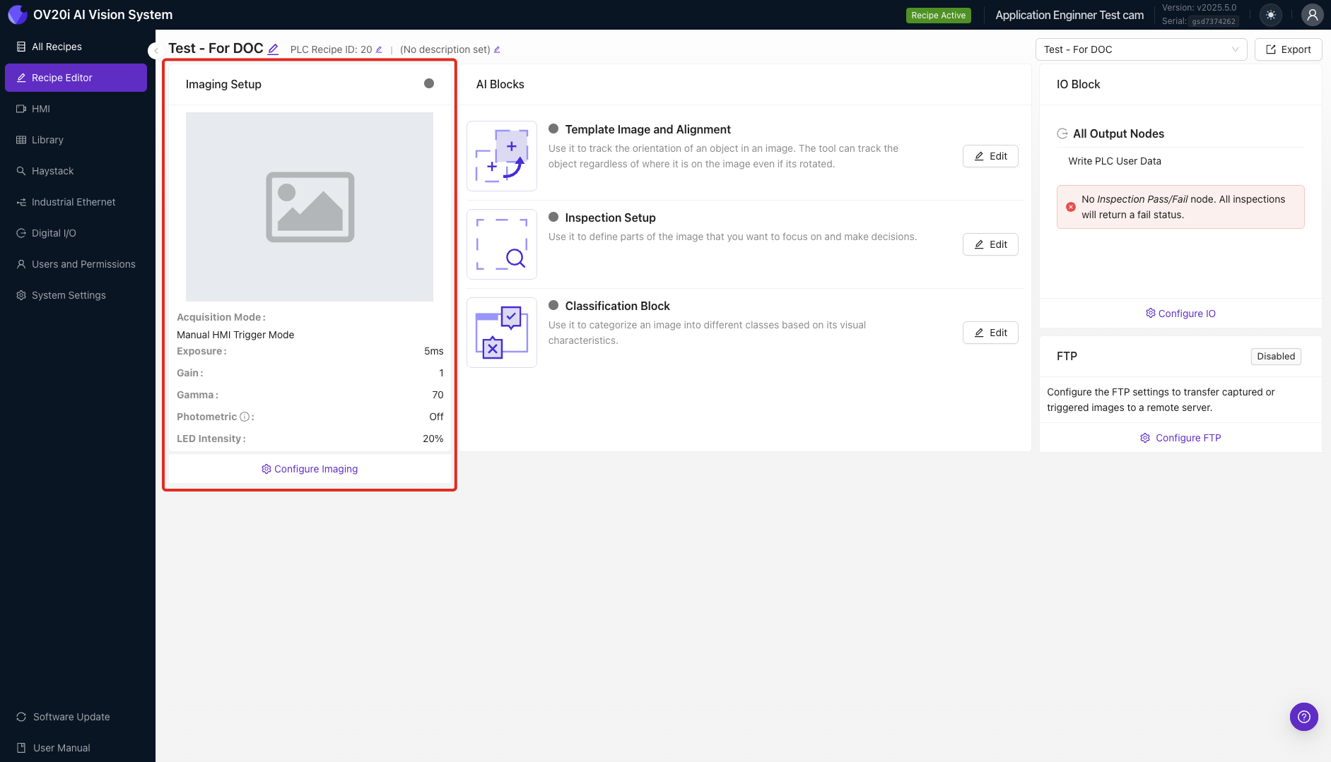 Imaging Setup trên trang Recipe Editor